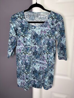 J. Jill Blue & Purple Print Half Sleeve Tunic XS Petite